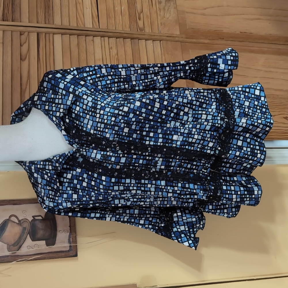 Studio 1940 Blue and Black Mosaic Patterned Pleated Blouse Sequins & Lace 14 16